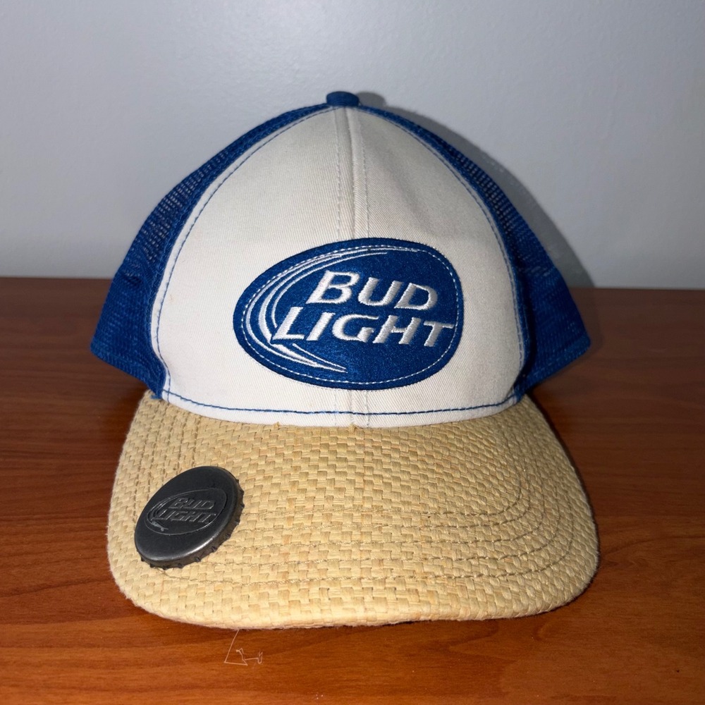 Bud Light Trucker Hat Blue White Straw Brim Built-in Bottle Opener Snapback